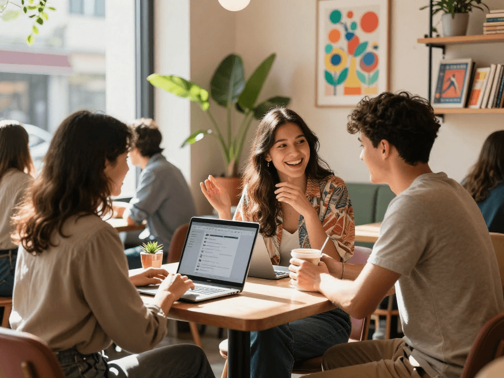 Engaging f168 dating scene in a cozy café with singles interacting.