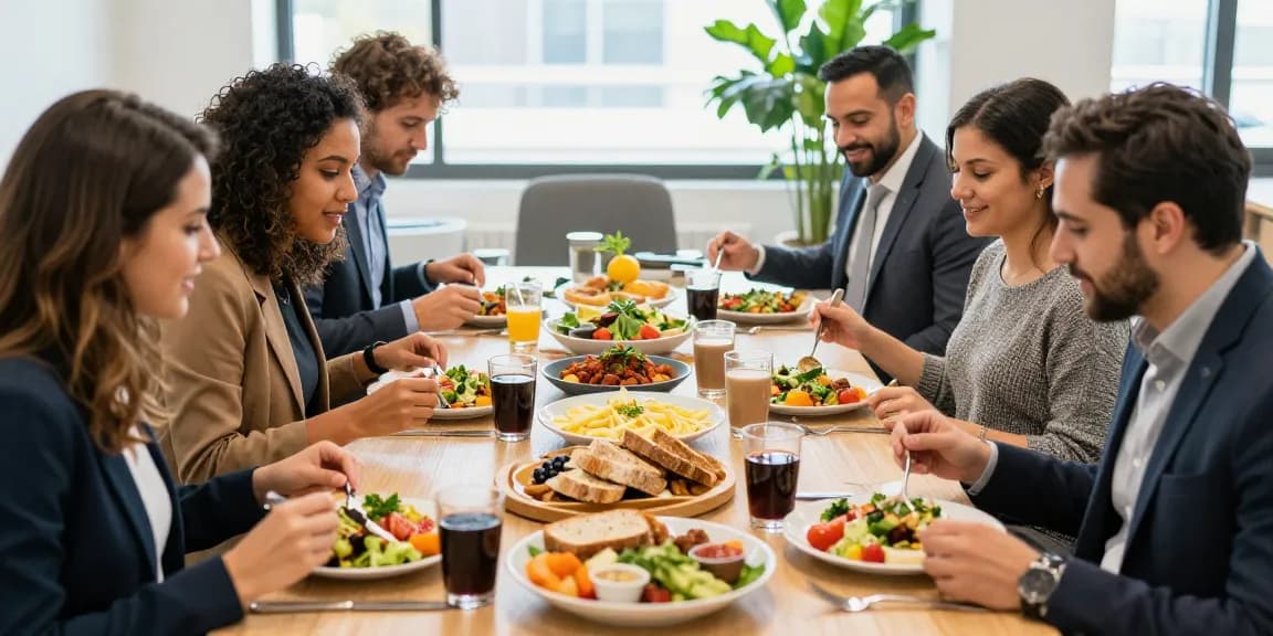 Medewerker geniet van gezonde catering met bedrijfscateraar aan een lange tafel in het kantoor.