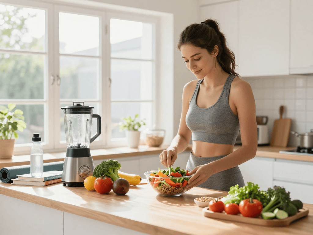 Healthy cooking scene showcasing rokok88 login lifestyle with nutritious meal preparation in a bright kitchen.