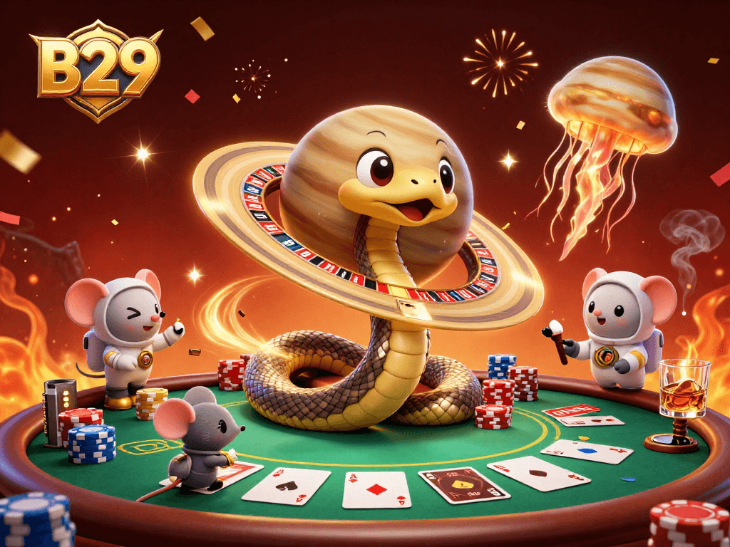 B29 casino players spin the roulette with animated characters celebrating in a vibrant cosmic scene.