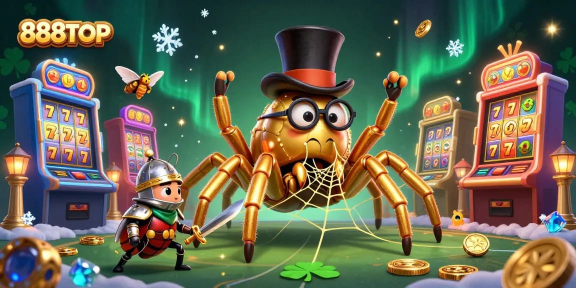 Experience the excitement as 888TOP presents a vibrant casino scene with a golden tarantula and beetle knight.