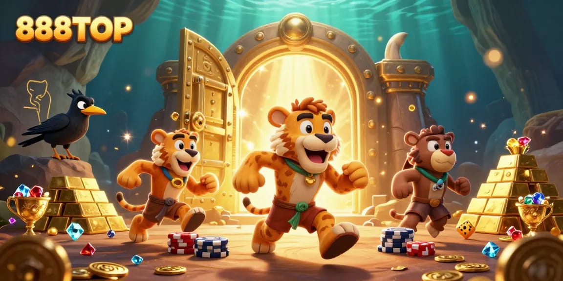 Experience the vibrant action of 888TOP's casino with iconic characters amid treasure and excitement.