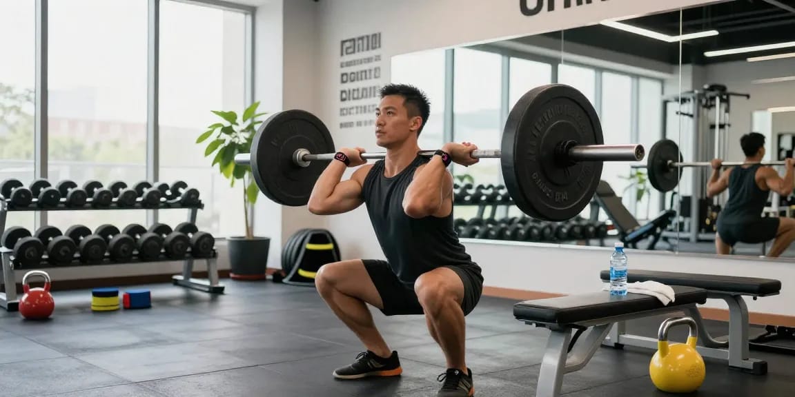 Bodybuilder performing squat showcasing Prime Pharma Steroiden products in dynamic gym environment