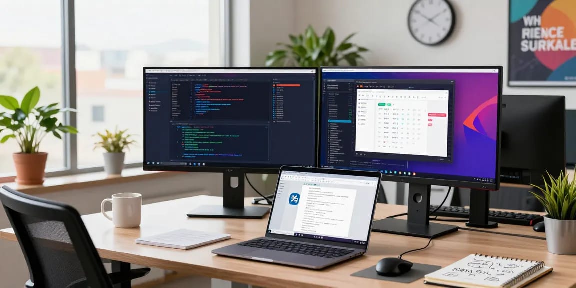 Professional developer using WPS Official Website tools in a modern workspace with dual monitors and natural lighting.