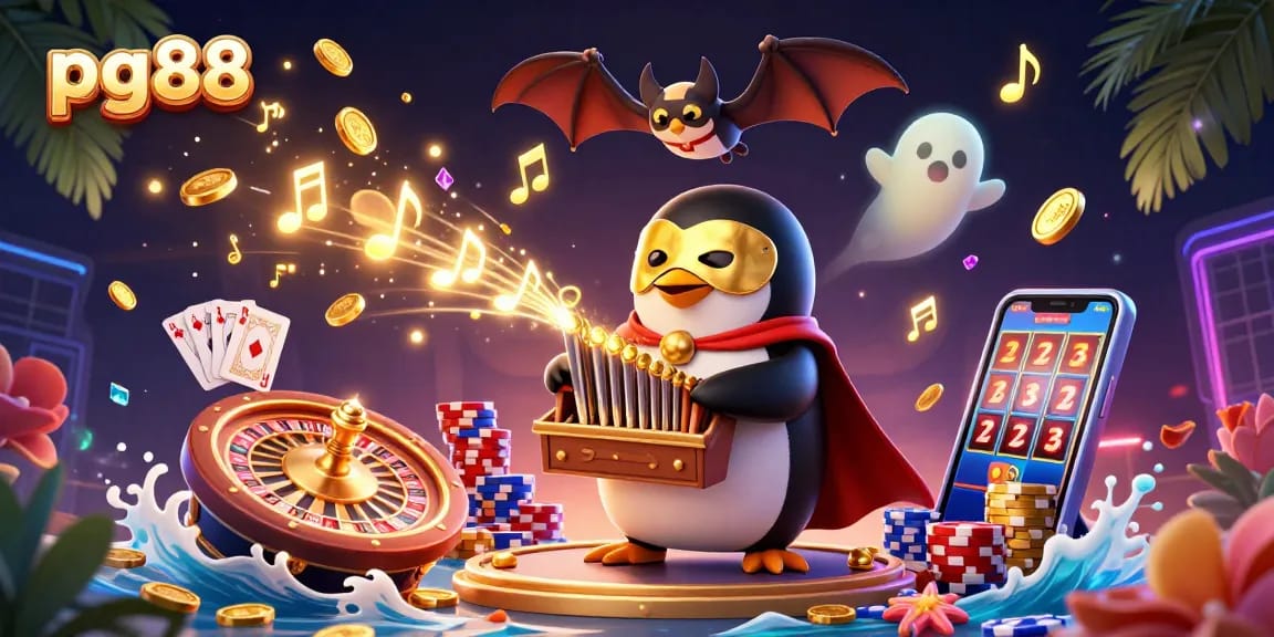 Engage with pg88's vibrant gambling scene featuring a penguin at a pipe organ amidst golden coins and casino elements.
