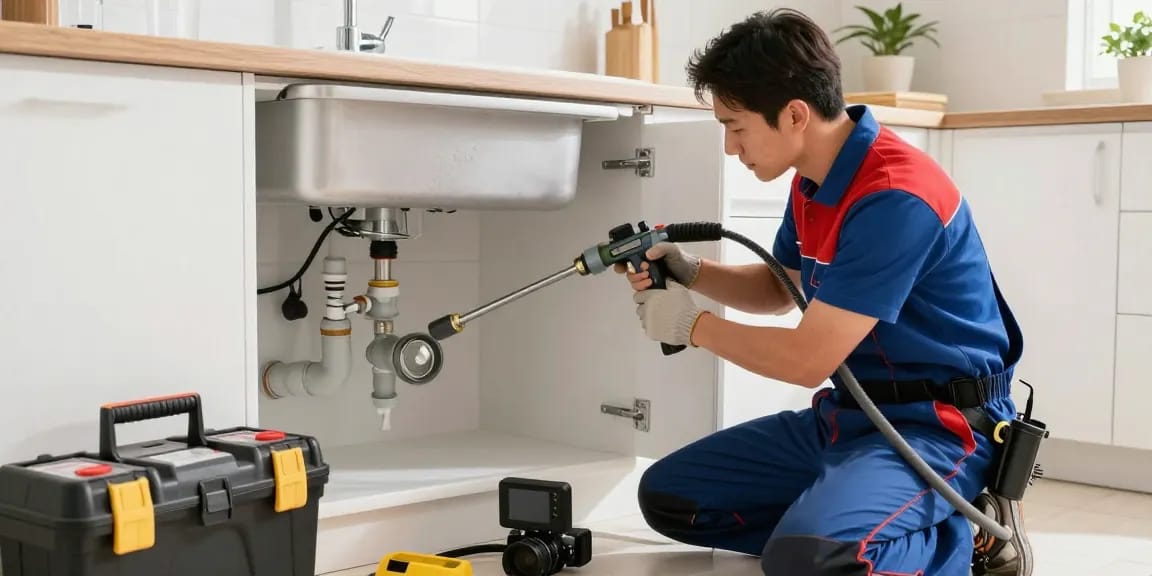 Professionele ontstoppingsdienst aan het werk met hogedrukreiniging en camera-inspectie in moderne keuken.