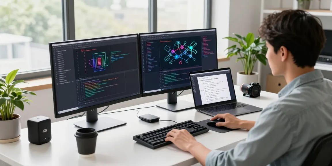 快连 network acceleration platform software development workspace with coding screens and modern tech setup.