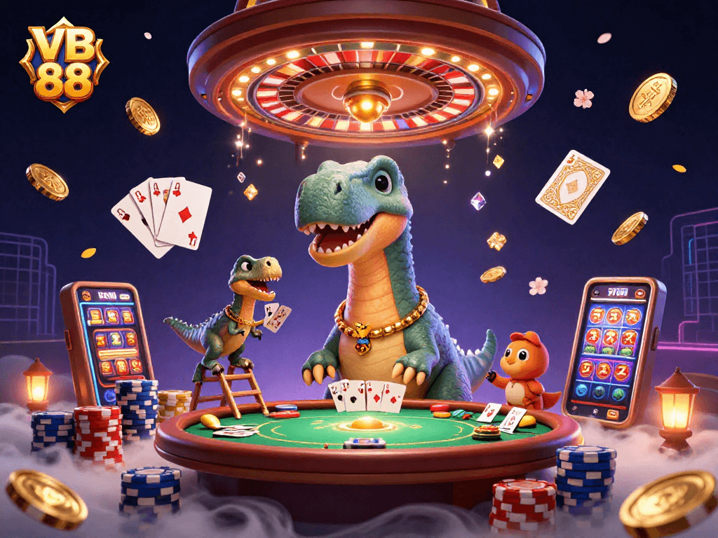 VB 88 casino illustration featuring a giant brontosaurus and clever raptor amidst vibrant gambling elements.