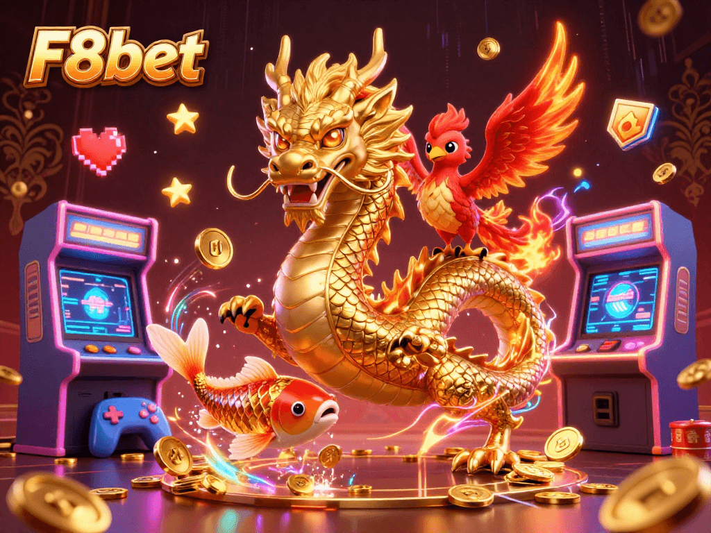 Engage with F8bet's thrilling online experience featuring a golden dragon, phoenix, and koi fish amidst vibrant casino-themed elements.