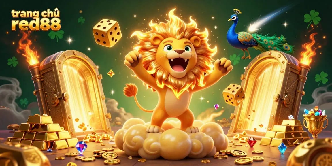 Experience the excitement of trang chủ red88 with a vibrant casino-themed 3D illustration full of riches and adventure.