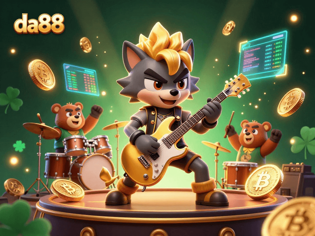 Engage with da88 through a vibrant casino scene featuring an electric guitar-playing wolf and a wild drummer bear