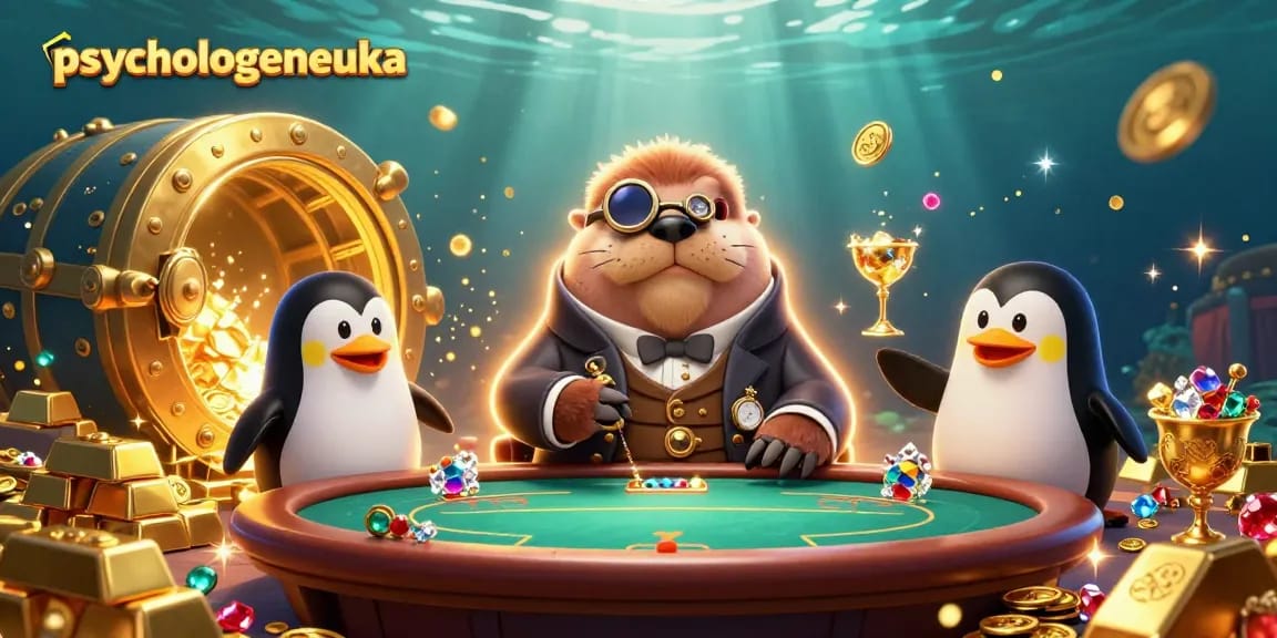 Speel bij psychologeneureka met de vrolijke walrus aan een pokertafel, omringd door schatten.