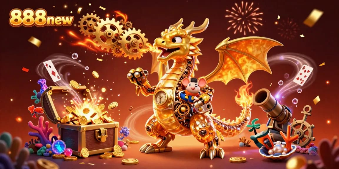 Engage in thrilling gameplay with 888new featuring a golden dragon surrounded by casino treasures and action.