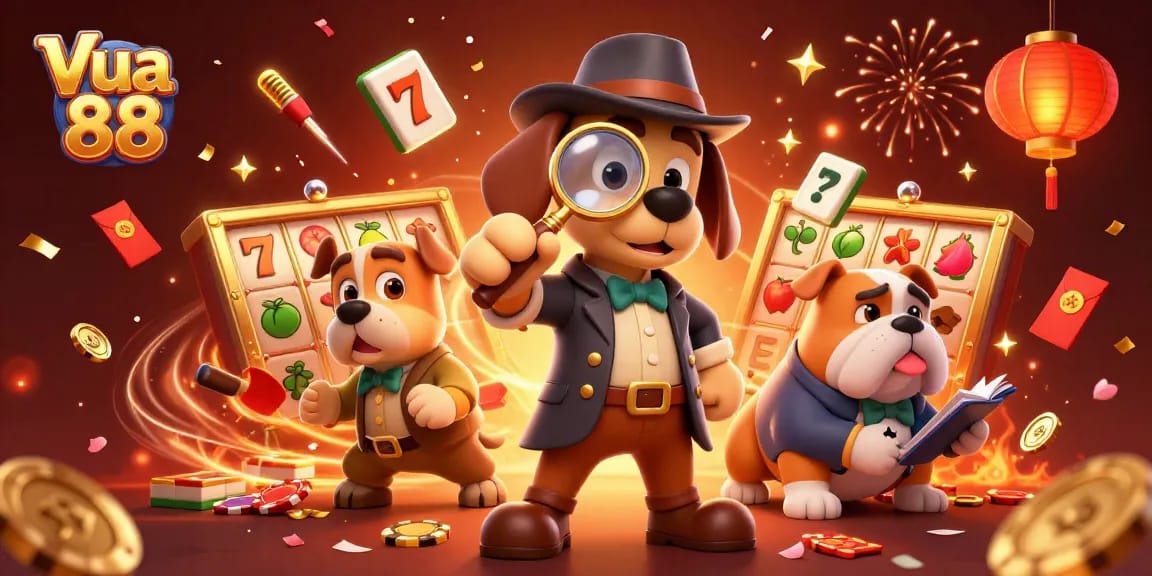 Join the fun at Vua 88 with dazzling slot games, golden poker chips, and festive gaming elements.