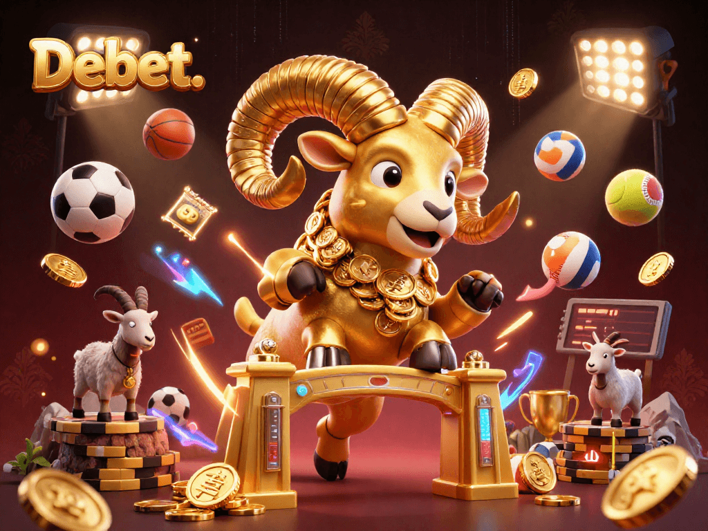 Experience the thrill of Debet. with an electric scene showcasing vibrant sports betting action and golden coins.