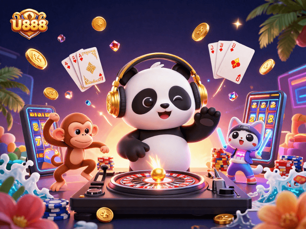 U 888 entertains with a DJ panda and vibrant casino elements in a dynamic 3D scene.