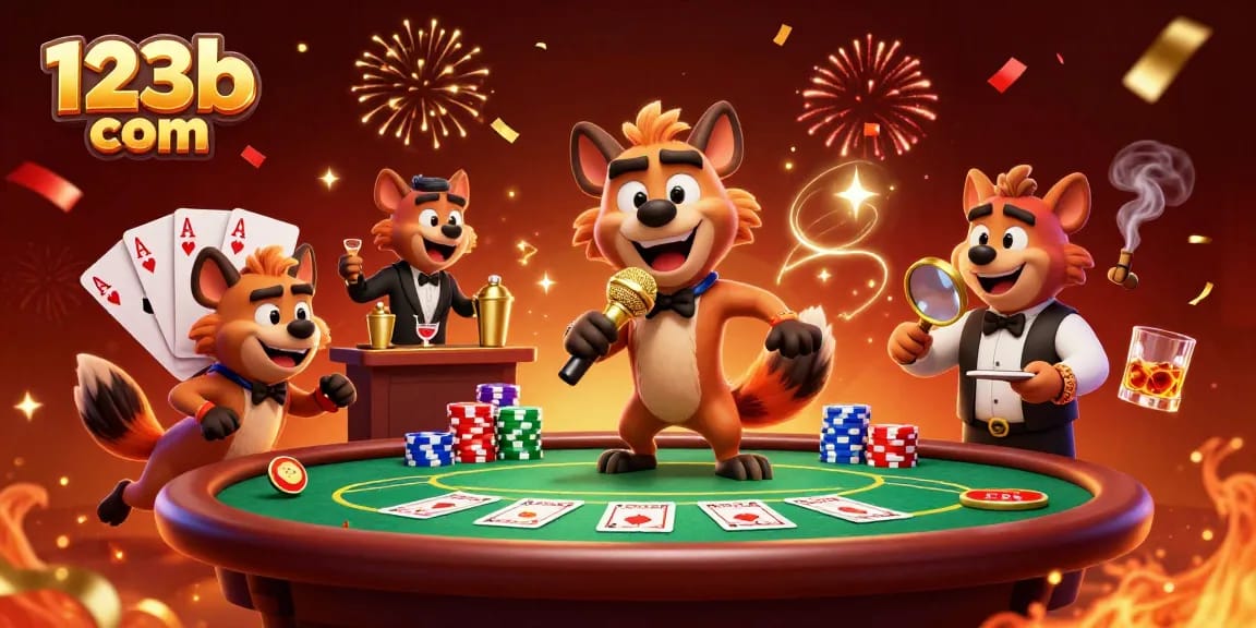 Experience the vibrant comedy atmosphere of 123b com through a fun-packed casino scene with lively hyenas.