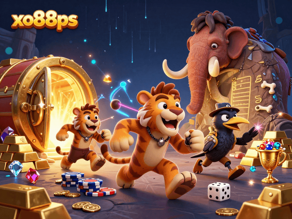 Experience the excitement of xo88ps in a vibrant prehistoric casino scene with gold treasures.
