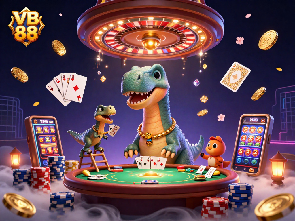 VB 88 casino illustration featuring a giant brontosaurus and clever raptor amidst vibrant gambling elements.