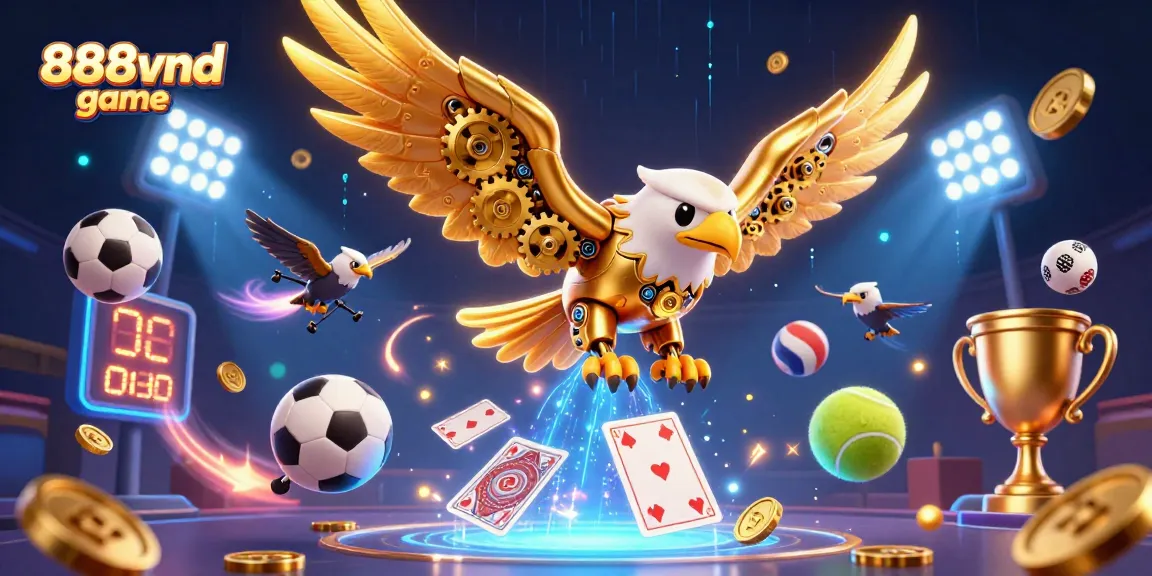 Engage with the exciting 888vnd game featuring a dynamic 3D golden eagle amidst flying sports elements.