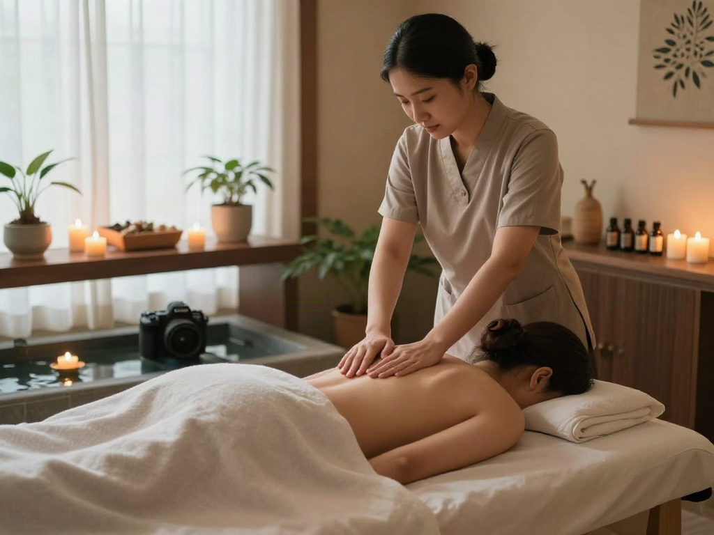 Relaxing 구로출장마사지 in a serene spa setting with candles and calming ambiance