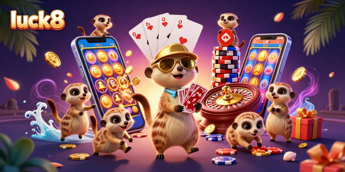 Experience luck8's vibrant casino atmosphere with energetic meerkats managing a spectacular operation.
