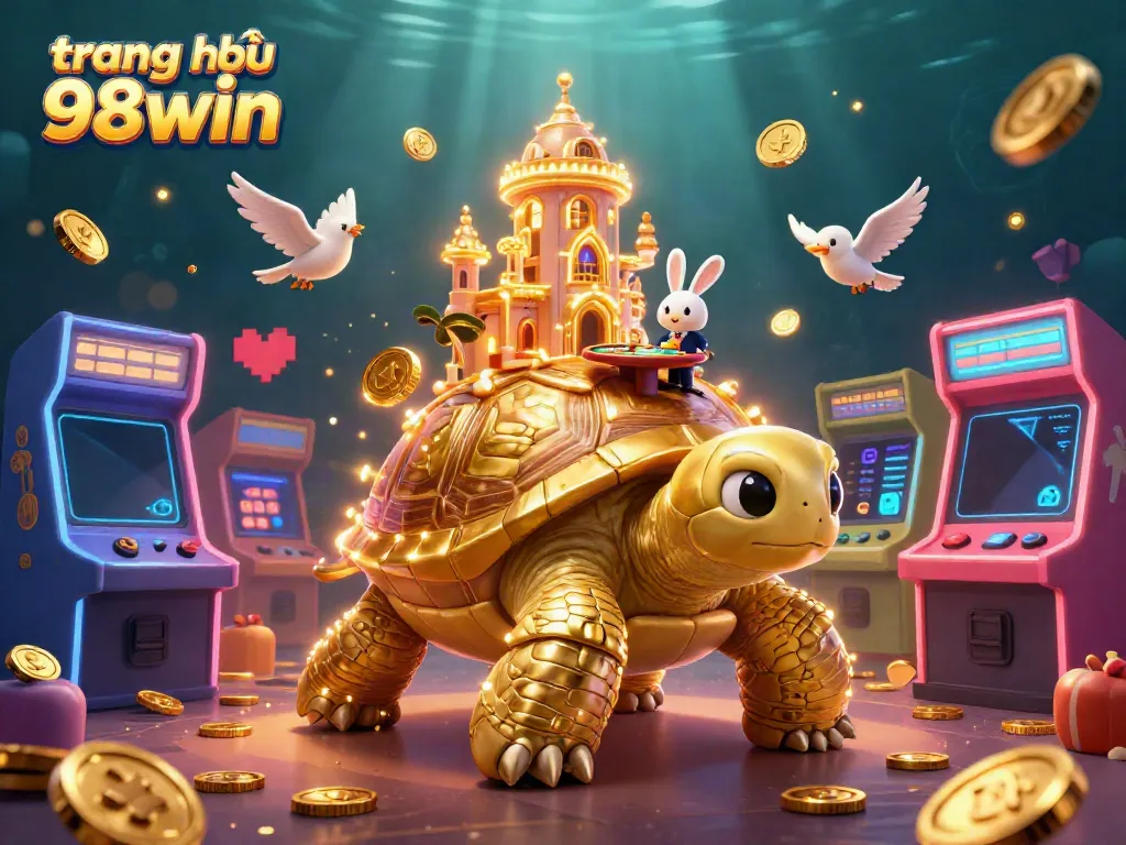 Engage with the vibrant scene of trang chủ 98win featuring a giant tortoise casino, rabbit dealer, and golden coins.