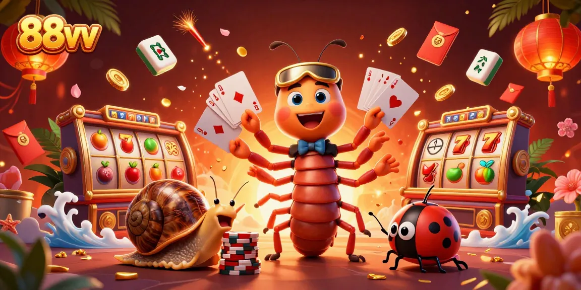 Experience 88vv's thrilling casino scene with a cartoon millipede dealer showcasing exciting slot reels.