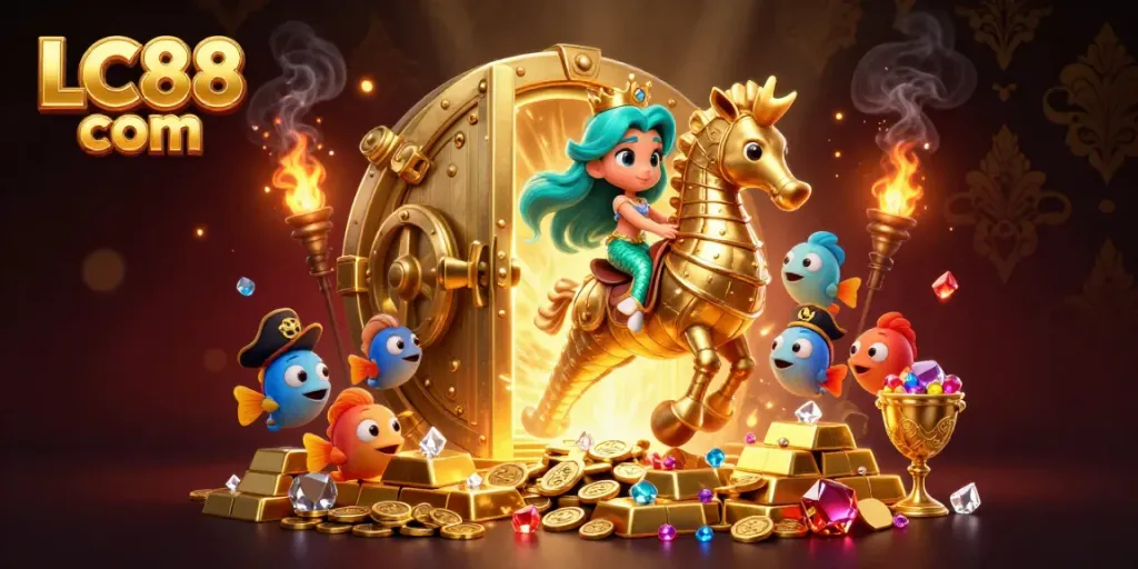 Experience thrilling adventures with LC88 com, featuring a magical underwater scene of vibrant characters and sparkling treasures.