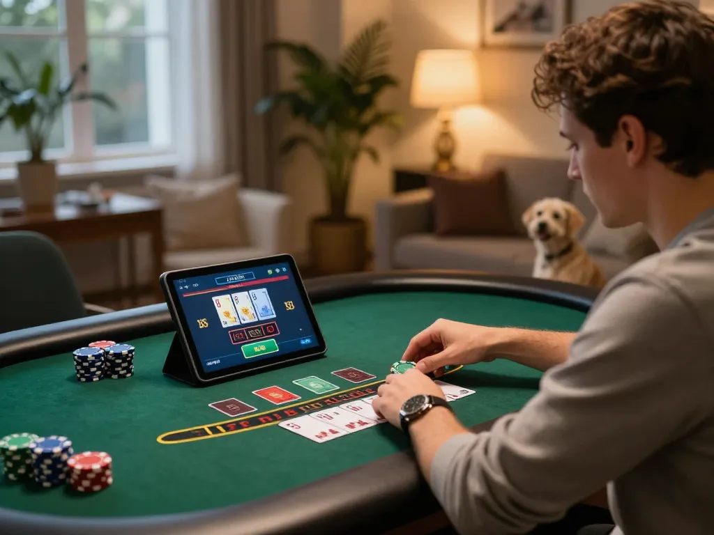 79king engaging in live dealer blackjack on tablet, showcasing strategic betting moments in a cozy home setup.