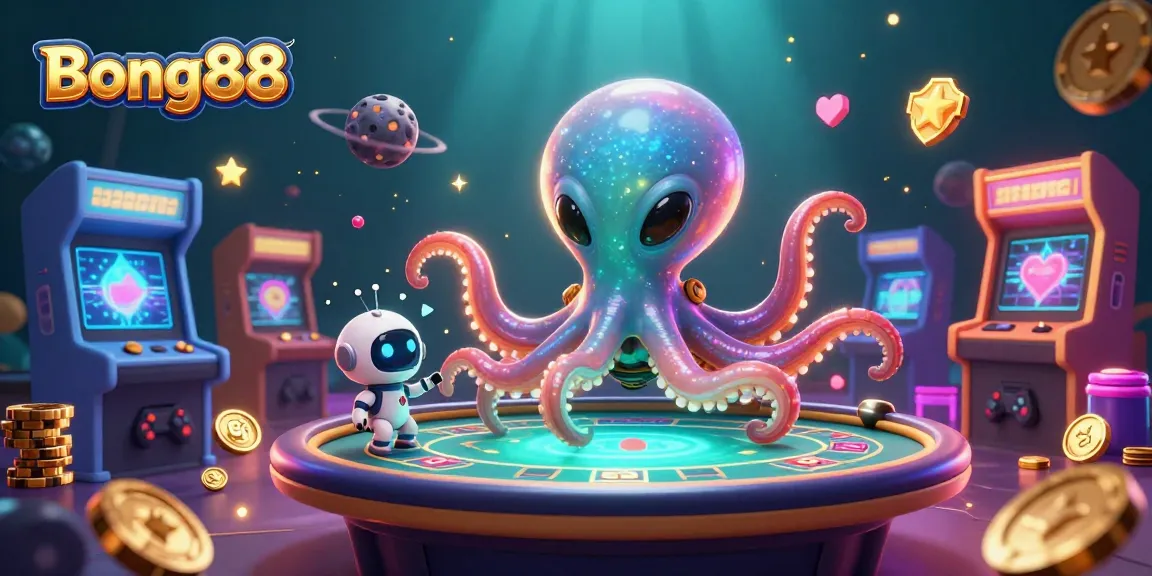Bong88 showcases vibrant gameplay at a dynamic poker table with an alien octopus at the helm.