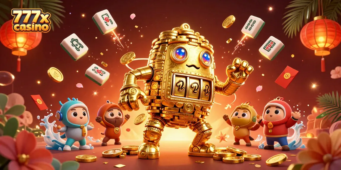 Spin the reels at 777x casino with ancient golden golem amidst dazzling gambling elements.