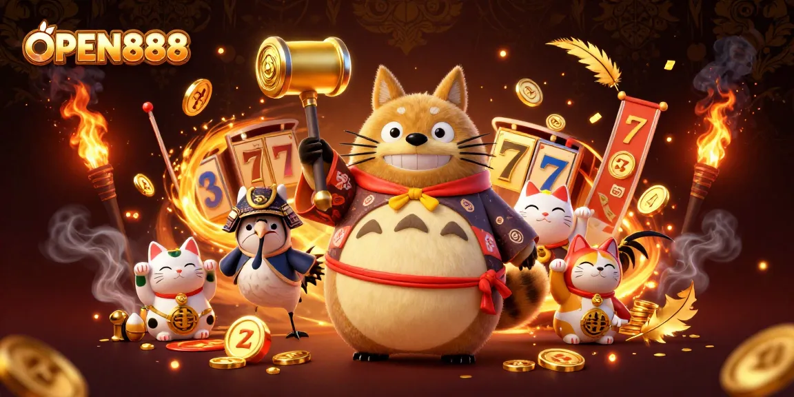 Spin the reels and win big with OPEN888, featuring a lucky tanuki and vibrant charm.