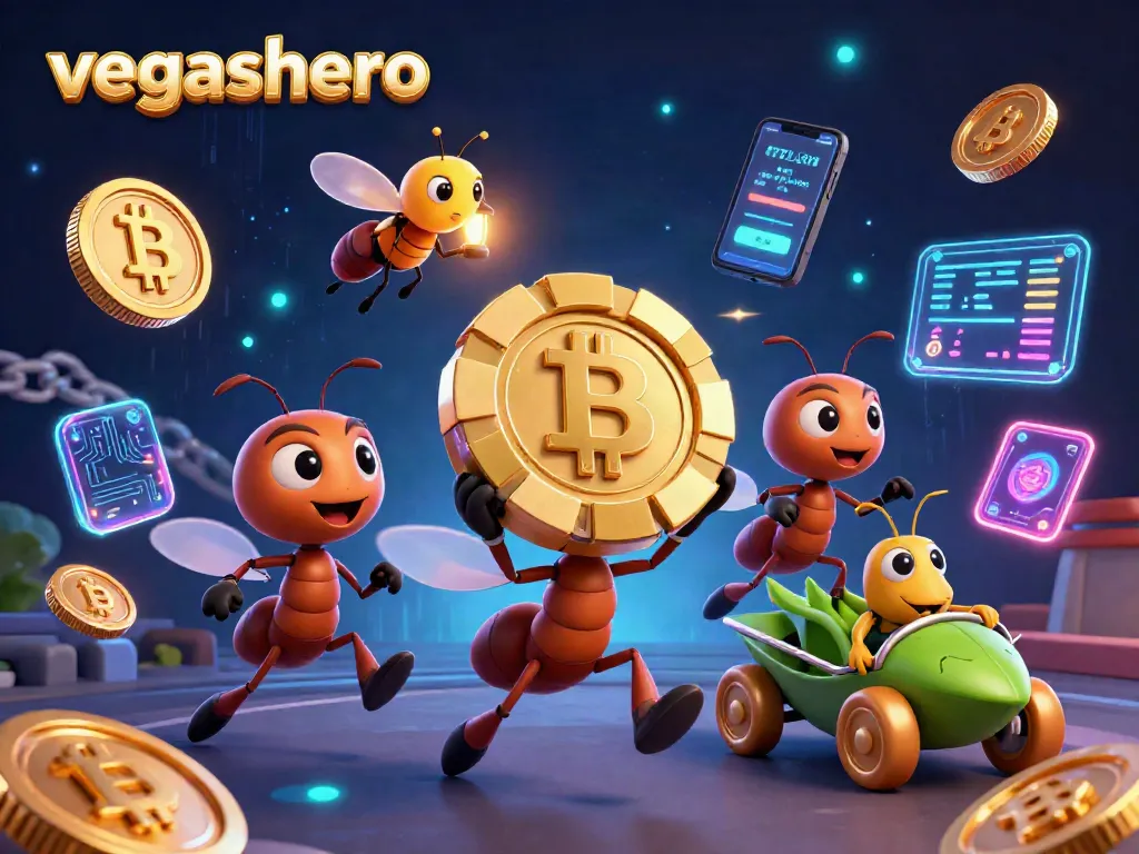 Engage with the thrilling escapade of the vegashero team of ants carrying a giant poker chip in a vibrant casino heist scene.