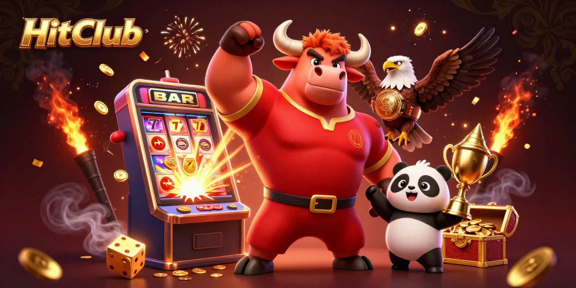 HitClub players celebrating a jackpot win amidst a vibrant casino backdrop, showcasing dynamic gaming action.