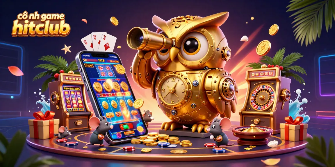 Engage with cổng game hitclub in a vibrant casino scene filled with a golden owl and lively game elements.