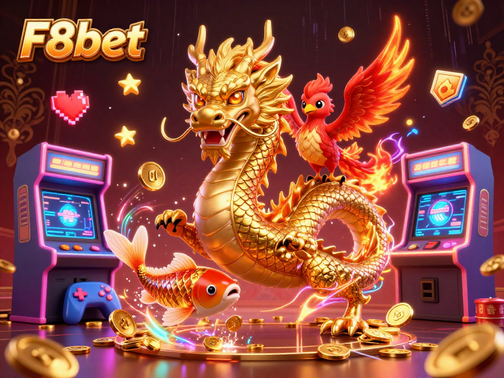 Engage with F8bet's thrilling online experience featuring a golden dragon, phoenix, and koi fish amidst vibrant casino-themed elements.