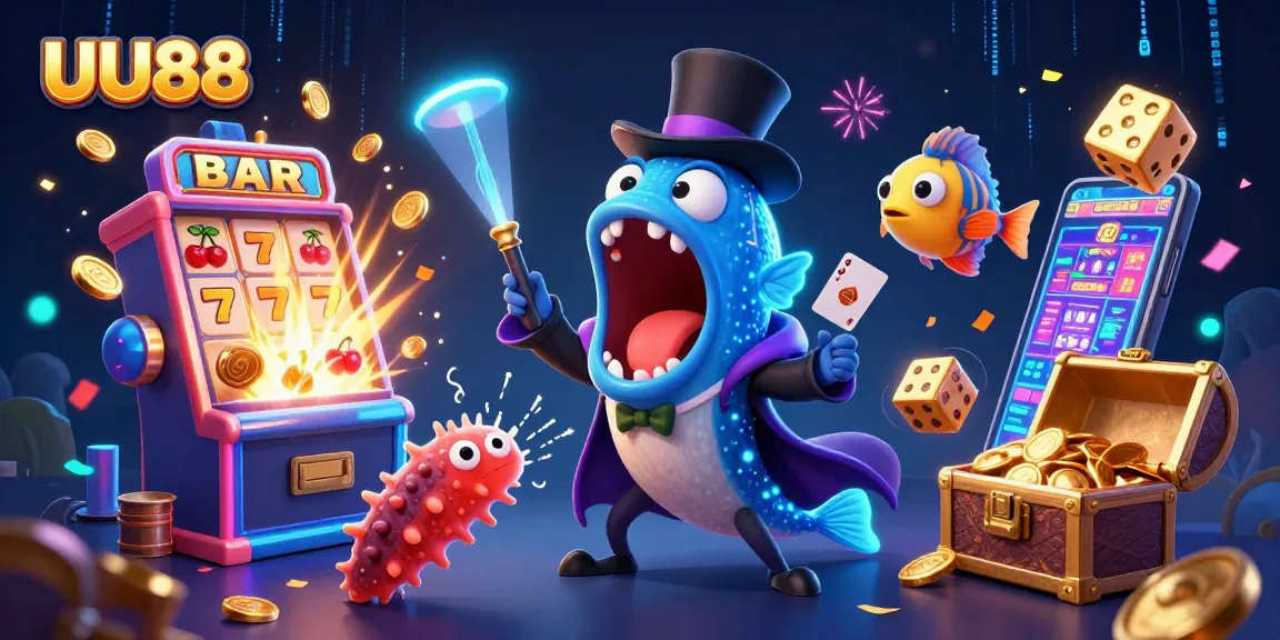 UU88 presents a vibrant casino scene with a deep-sea creature magic show featuring card tricks, slot machines, and glowing treasures.