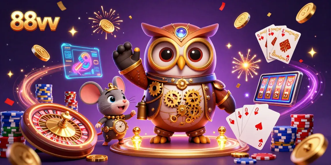 88vv showcases a vibrant steampunk owl and mouse in a whimsical casino scene.