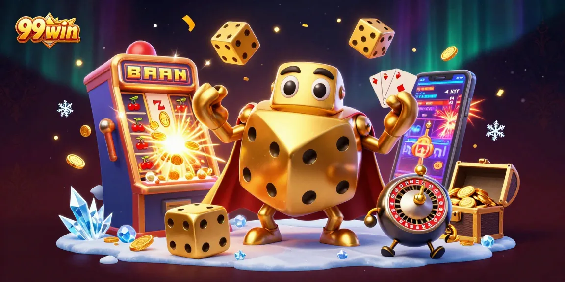 Experience thrilling action with 99win's massive golden dice golem surrounded by casino chaos.