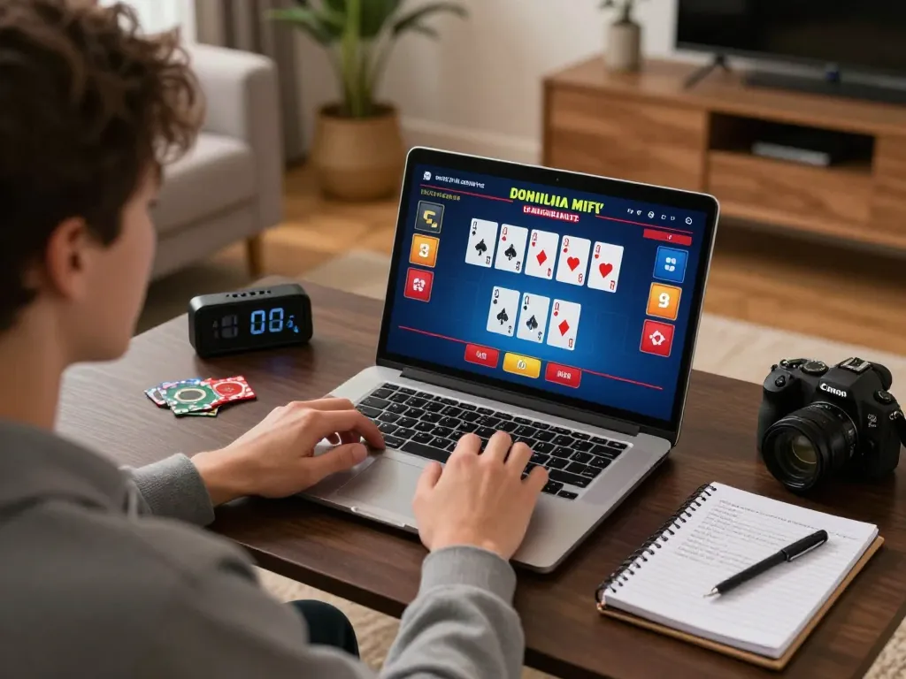 Engaged player enjoying blackjack gameplay on laptop, showcasing 789win casino experience.