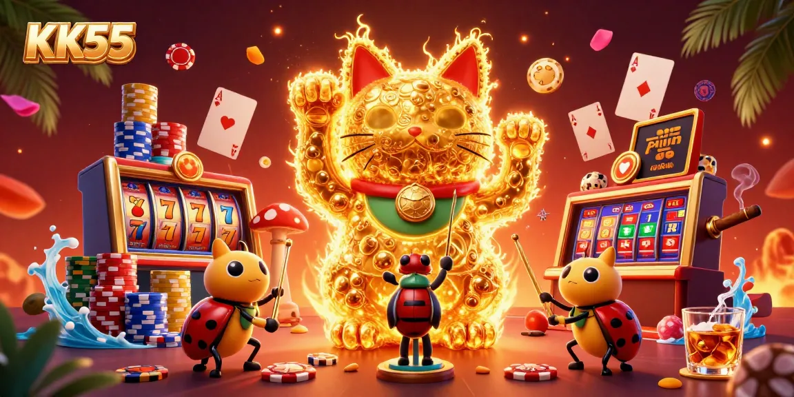 Experience thrilling bets at KK55 with vibrant casino symbols and a lively scene.