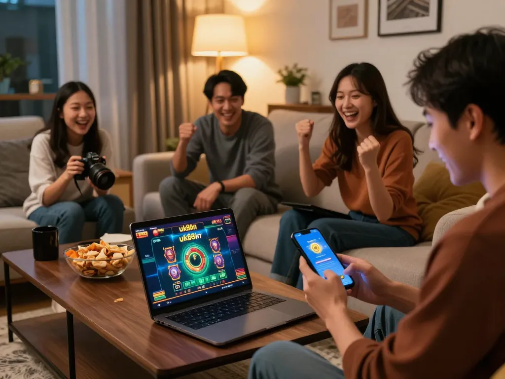 Players enjoying online gaming at home on the uk88in platform with laptops and smartphones.