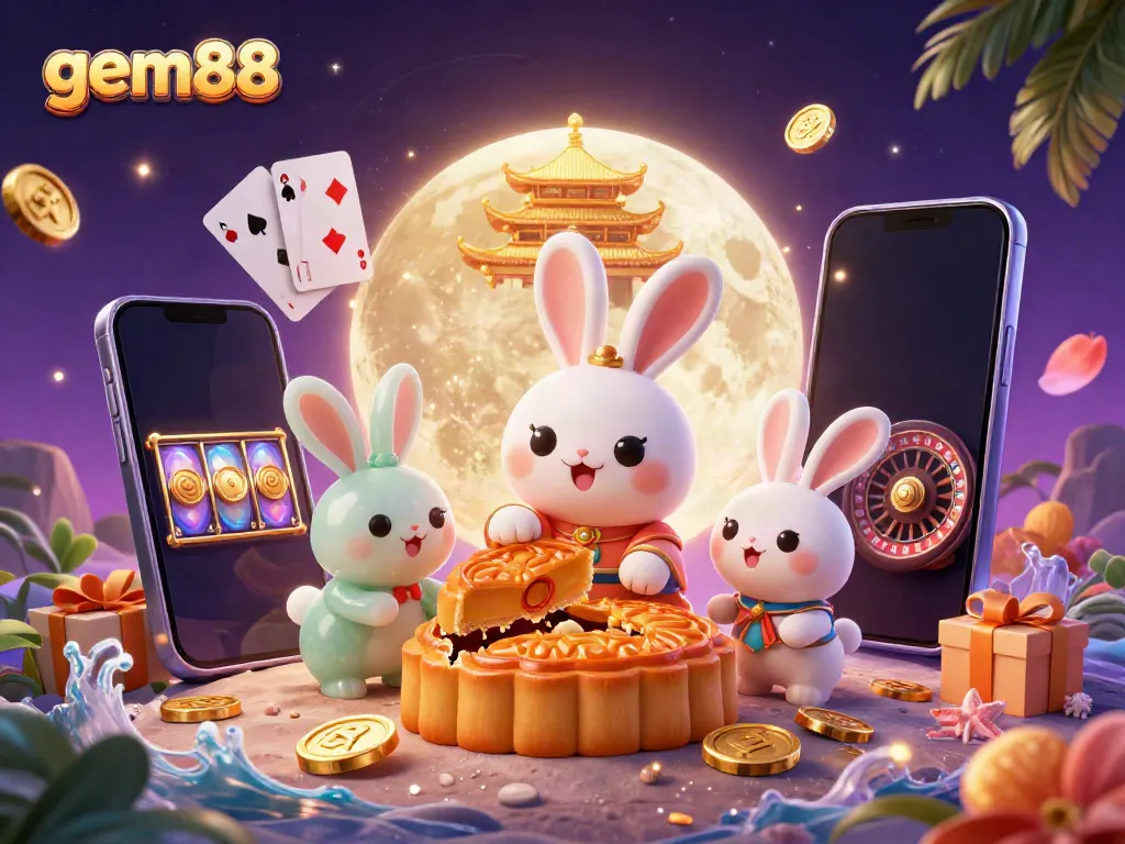 Experience gem88's vibrant casino scene with a moon rabbit illustrating gaming excitement and treasures.