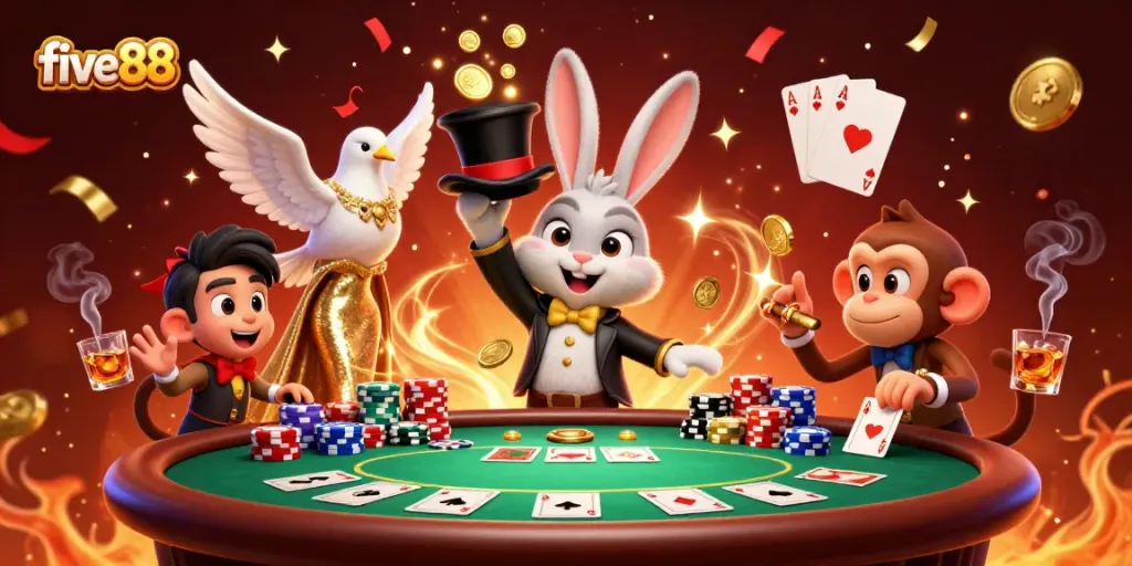 Experience thrilling gameplay with five88 as the magician rabbit conjures coins and poker chips in a dynamic casino scene.