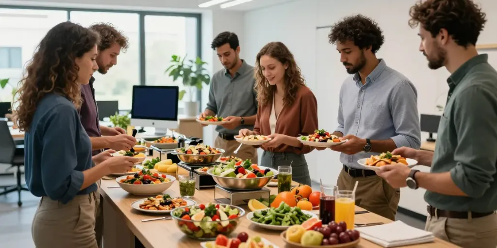 Een team geniet van catering voor bedrijven met mediterrane gerechten in een moderne kantooromgeving.