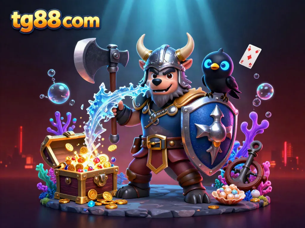 Join the excitement at tg88 com with a fierce Viking wolf warrior, dragon, and treasures in this dynamic 3D illustration.
