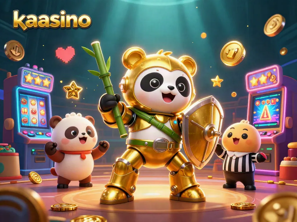 Kaasino's exciting casino scene showcases a golden panda mech battling surrounded by slot machines and cheerful spectators.