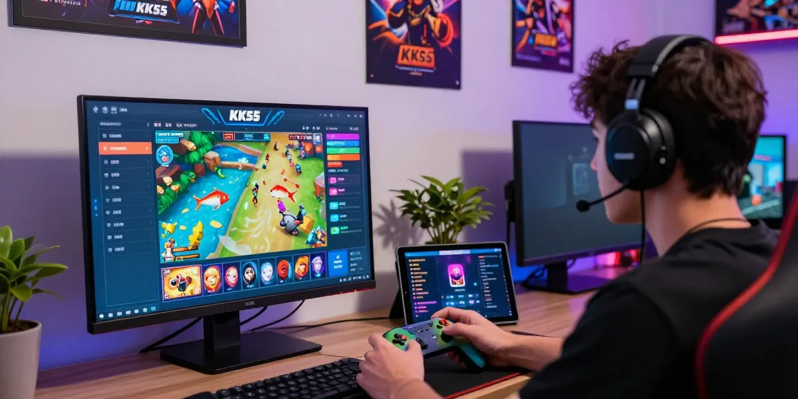 Engaging gaming setup showcasing KK55 platform with player focused on vibrant interface.