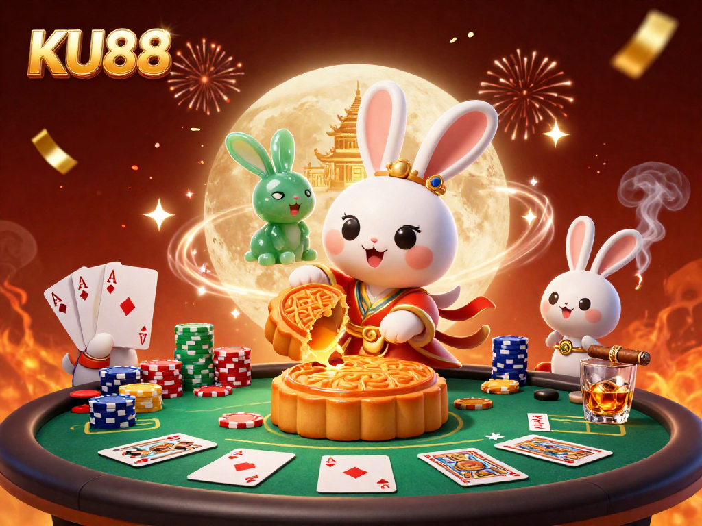 Join the exciting casino games with KU88, featuring a moon rabbit breaking open mooncakes revealing poker chips.